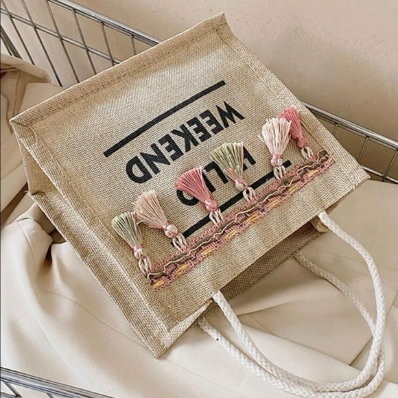 Hello Weekend Tassel Canvas Mini Tote Bag - Picture 3 of 12